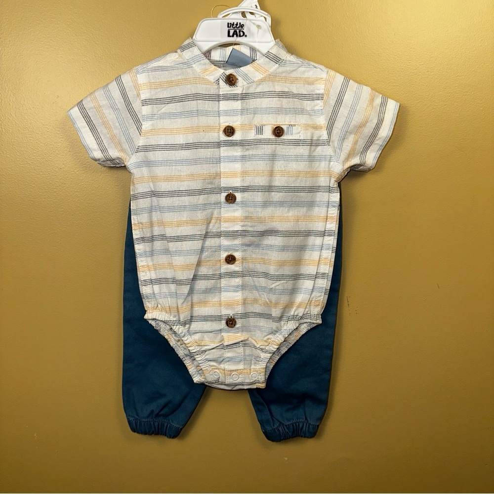 Little Lad Baby Boy Striped Bodysuit Pants Set 3 6M Blue Yellow‎ Linen Blend